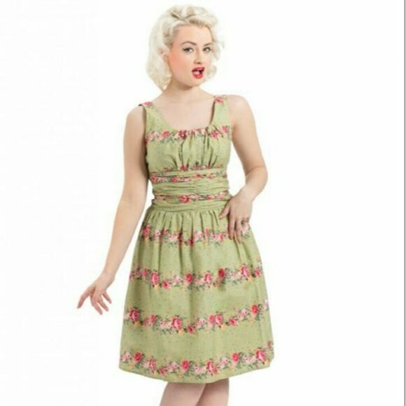 Voodoo Vixen Womens Green Smocked Sleeveless Floral Fit Flare Rockabilly Dress S - Picture 1 of 8